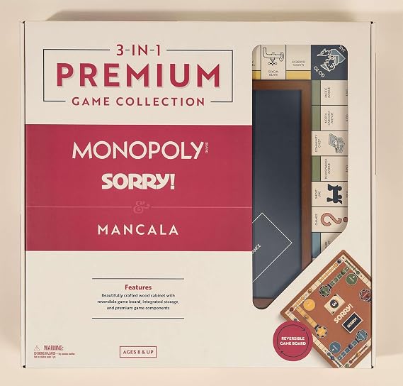 WS Game Company 3-in-1 Premium Game Collection, Monopoly, Sorry!, Mancala with Reversible Wooden Board, Built-in Storage, Board Games for Family Nights, Kids & Adults