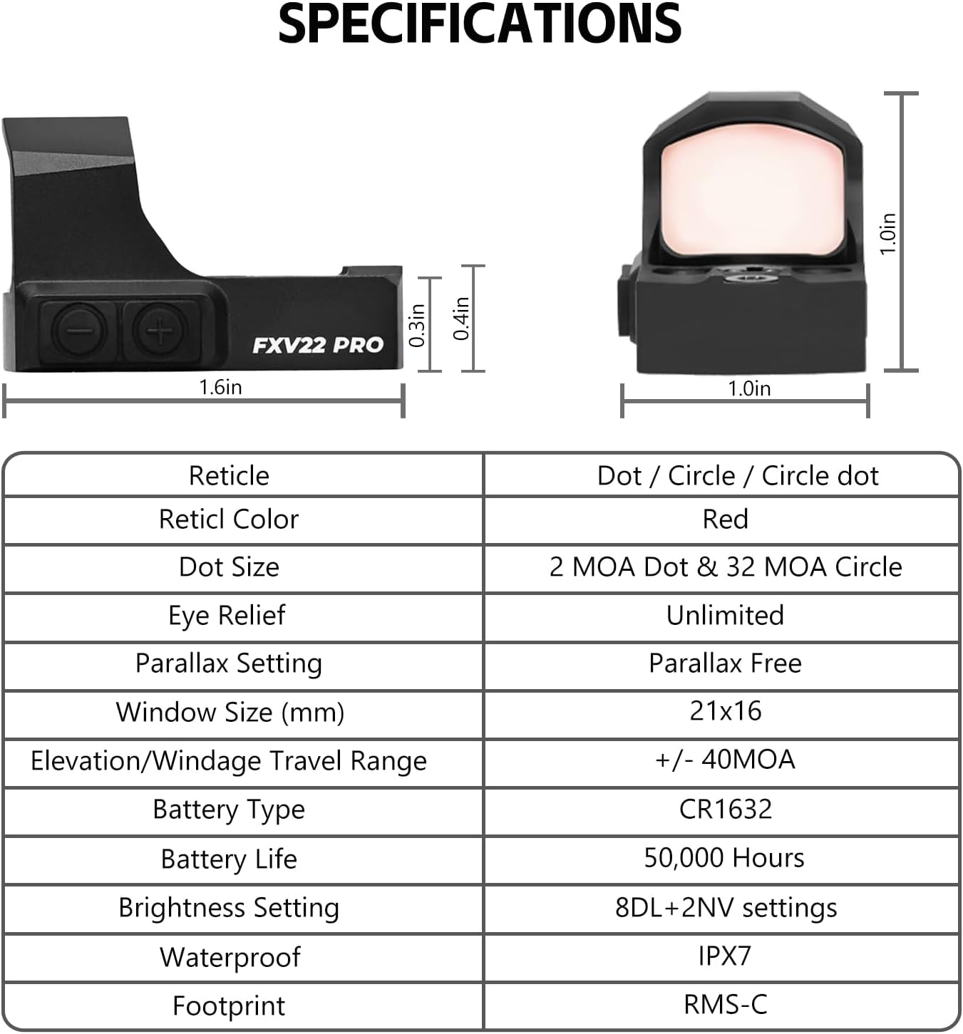FXV22 PRO Multi-Reticle Micro Red Dot Sight for Shield RMS/RMSc Footprint Pistols – 2MOA Dot & 32MOA Circle Reflex Optics with Shake Awake & Lock Mode