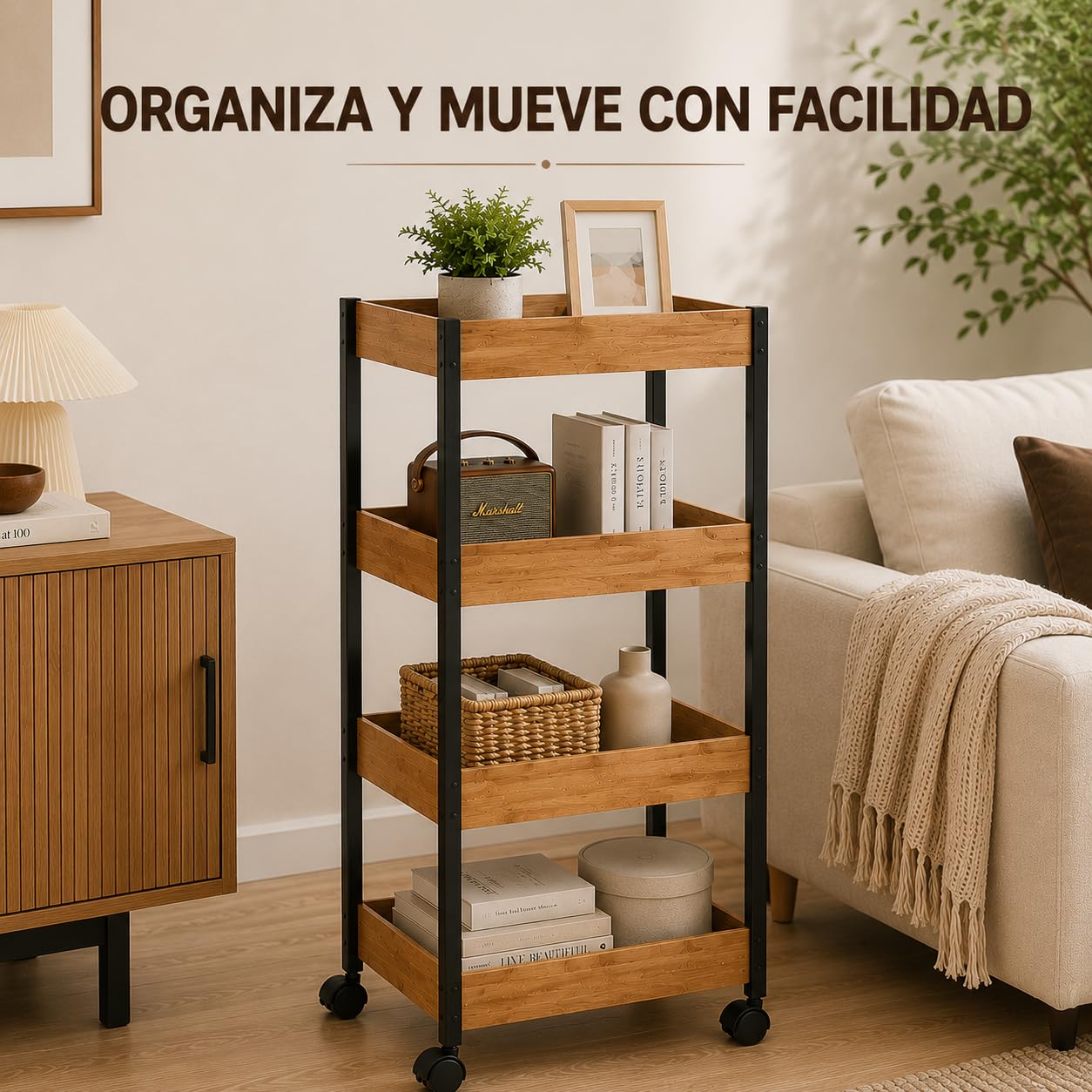 Carrito de Almacenamiento de 4 Niveles, Estantería con Ruedas 35x25x95 cm | Diseño compacto. Ideal para dormitorio, baño, cocina, balcón, salón y estudio XZ-22229