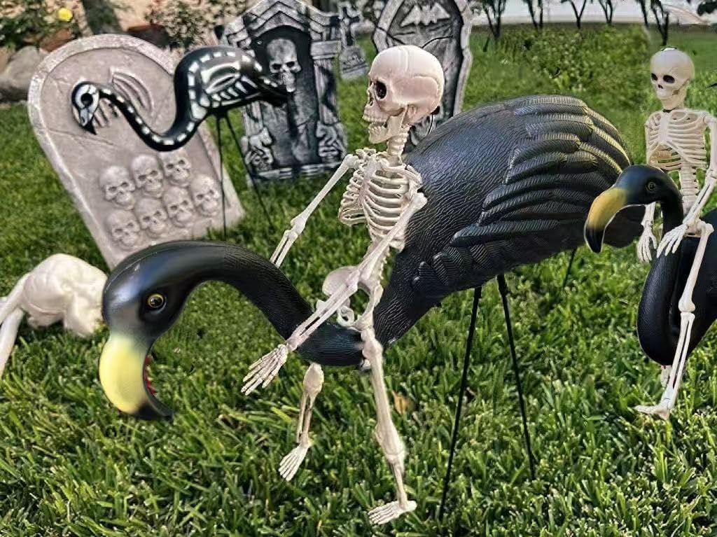 GiftExpress 2-Pack Large Black Flamingo Decor with 2-Pack 16" Posable Skeletons - Halloween Tropical Outdoor Yard Decorations, Spooky Graveyard Lawn & Porch Bird Statues