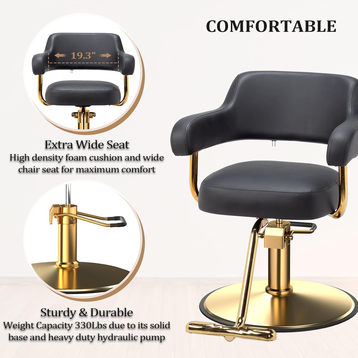 OmySalon Barber Chairs for Barbershop Black and Gold Styling Chair, Salon Chair for Hair Stylist Heavy Duty Hydraulic Pump, 360°Swivel with Footrest, Hairdressing Home Beauty Spa Braiding Equipment