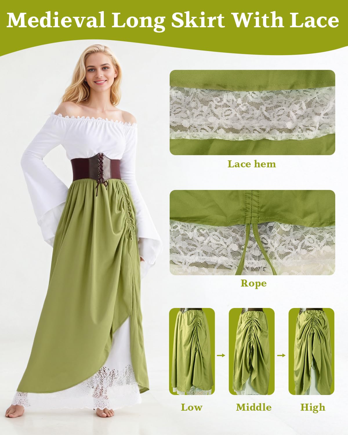 Vestido Medieval para Mujer, Vestido Renacentista con Collar de Orejas de Elfo, Cinturón, Ropa Gótico Vintage Carnaval Halloween Cosplay, Retro con Hombros Descubiertos Fiestas de Princesas