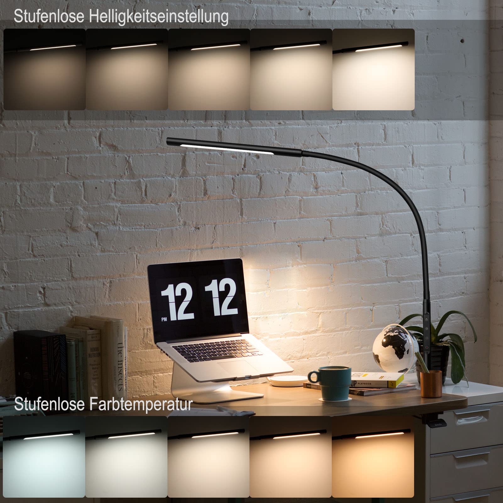 Lampada da Scrivania, LED Lampada da Scrivania 1000lm con Collo di Cigno Flessibile, Lampada a Braccio Oscillante da 12W Lampada con Morsetto per Luce da Scrivania Eye-Care per Ufficio