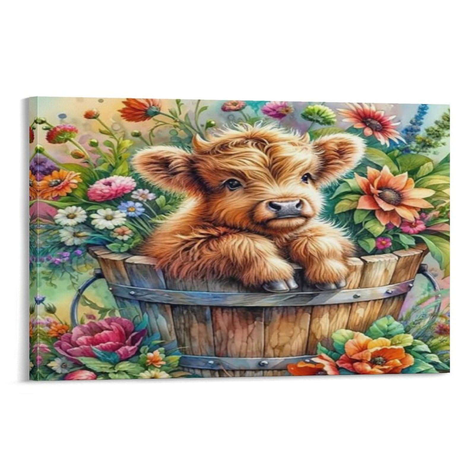 CPLVKWRQJ Cute Calf In Basket 1 Piece Highland Calf Wooden Bucket Wildflowers Canvas Artwork - Living Room Gallery Wall Statement Piece Fade Resistant Decor 20x30inch(50x75cm)