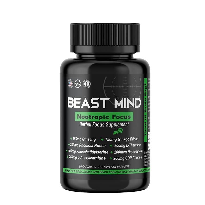 Beast Mind Suplemento para Foco com Ginkgo biloba, Huperzine A, Rhodiola e Citicolina, 60 cápsulas