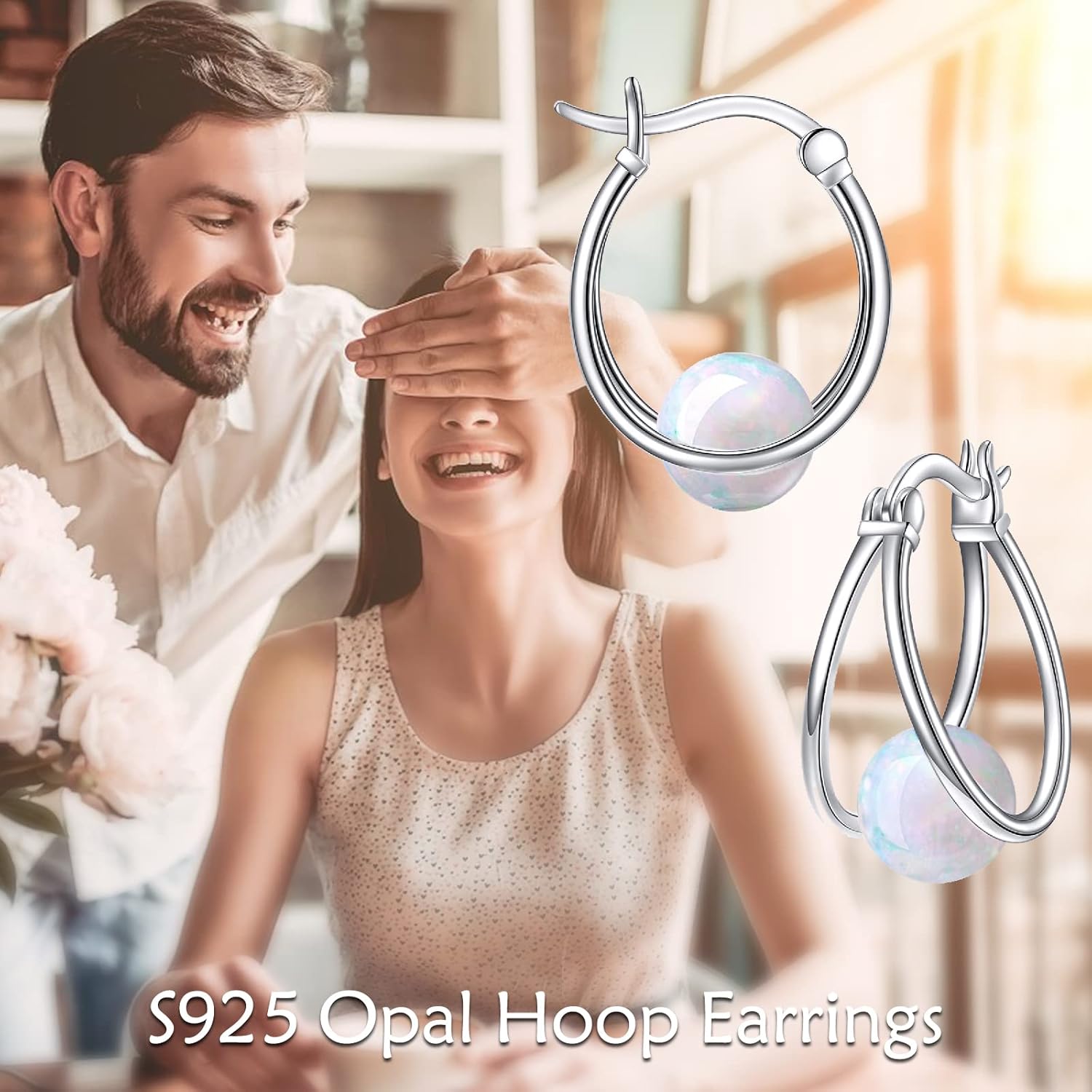 VONALA Gemstone Double Hoop Earrings for Women Sterling Silver Pearl Moonstone Turquoise Black Onyx Jade Opal Lapis Lazuli Earrings for Women