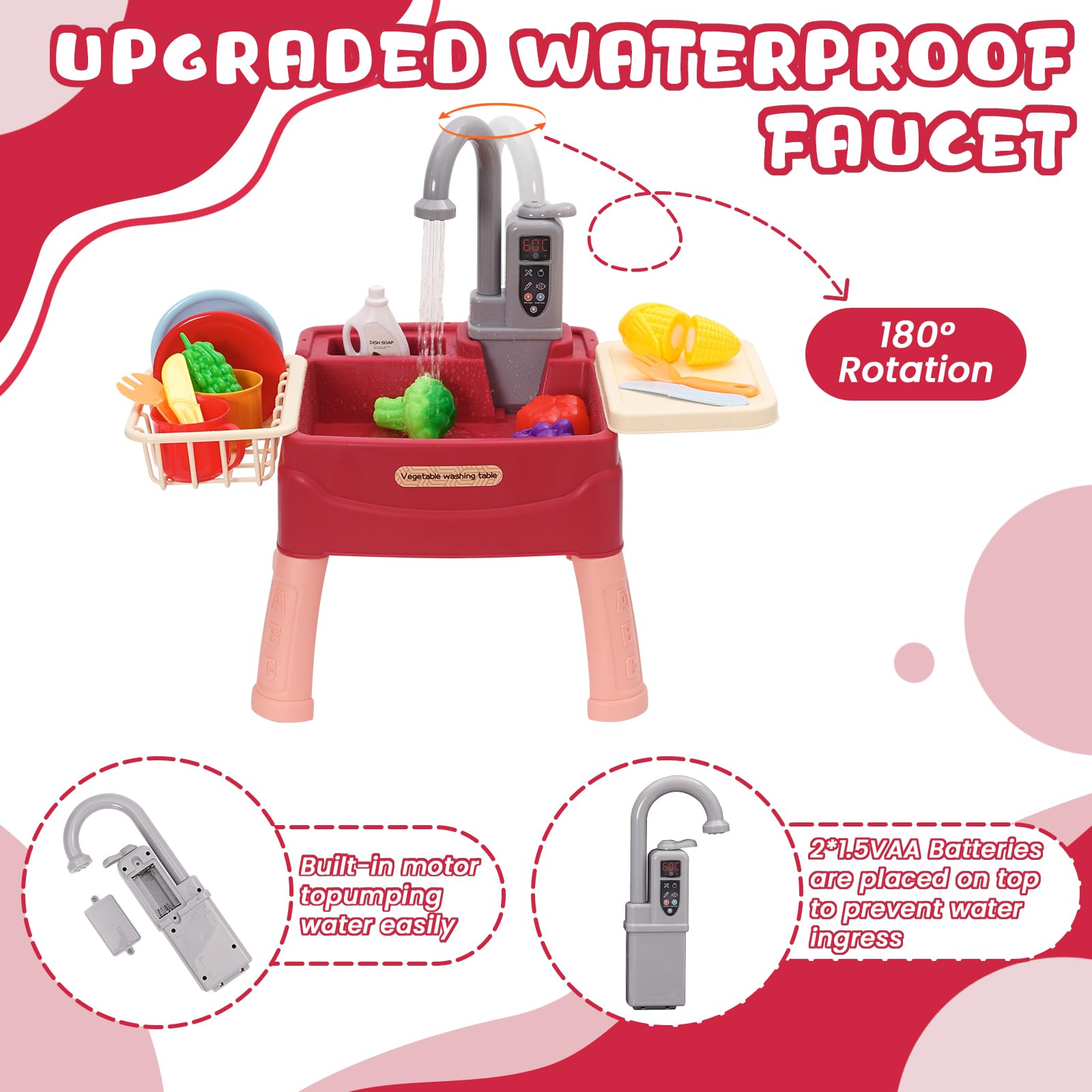 Play Sink with Running Water For Toddlers,Pretend Kitchen Toys for Kids with Tableware Accessories Vegetable Fruit,Pretend Role Play Dishwasher Toy with Tap,Gifts for Boys Girl (Red) - Image 3