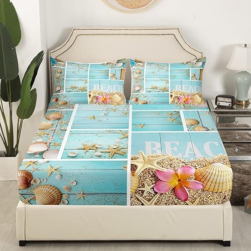 Miniatura 2 de Erosebridal Sábanas de playa de Hawaii, juego de sábanas bajeras de conchas marinas de estrellas de mar, ropa de cama matrimonial con flores de