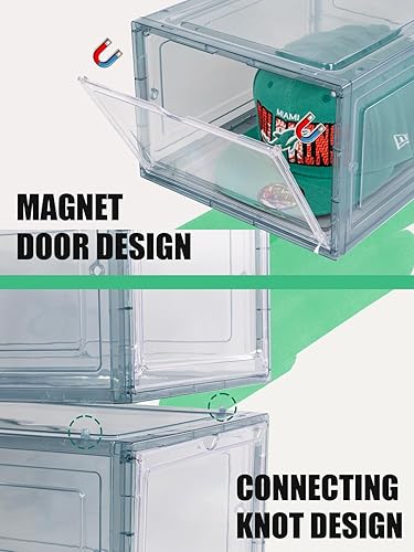 Miniatura 41 de Paquete de 6 cajas organizadoras de sombreros, apilables transparentes para gorras de béisbol, contenedores con puerta magnética para sombreros