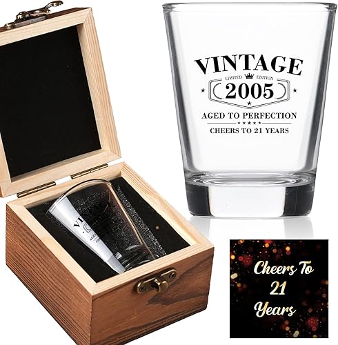 21st Birthday Gifts for Him 2026- Limited Edition Vintage 2005 Shot Glass with Wooden Box - Cheers To 21 Years Old - 21st Birthday Gifts For Nephew