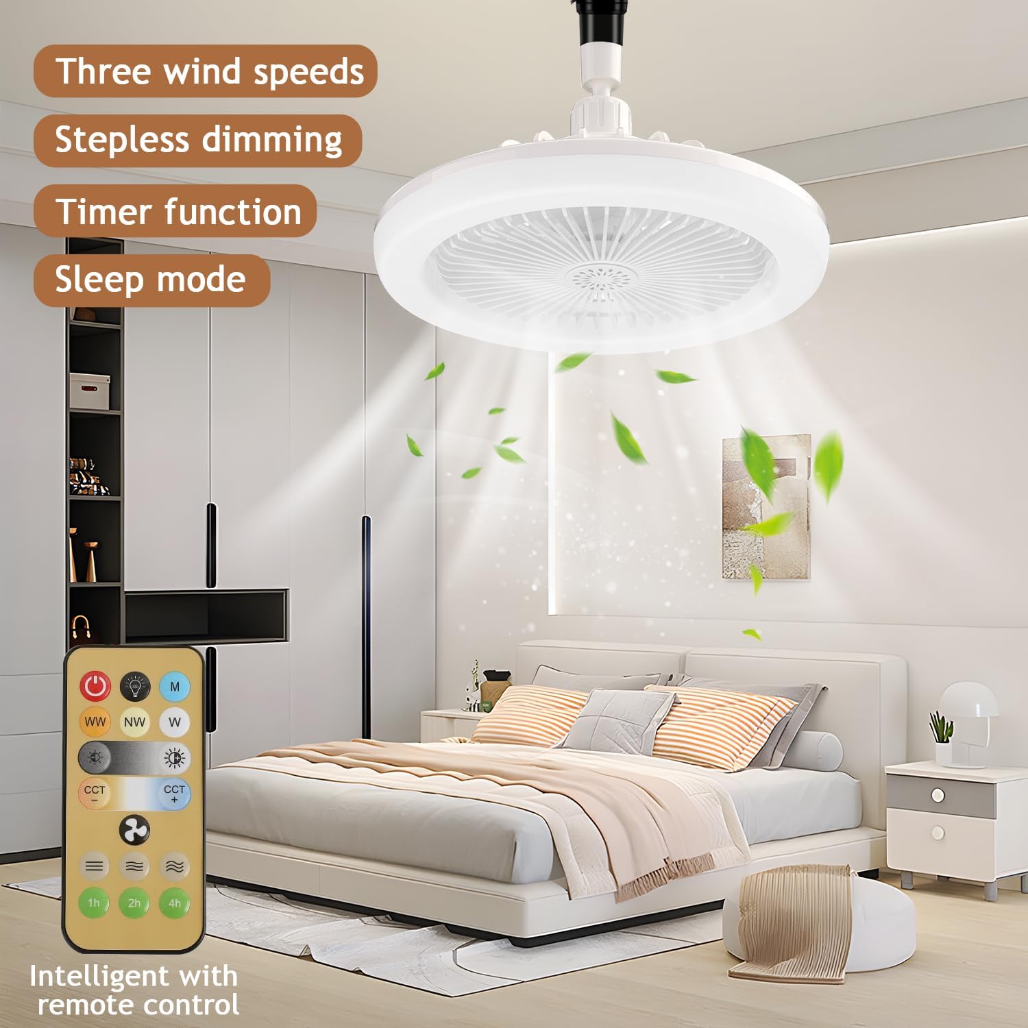 Ceiling Fan with Lights Remote Control, E27 Light-Bulb Enclosed Low P-rofile Light, Light Fan,Hidden Electric Control,Replaceable Tablets Ceiling Light with Fan for Bedroom, Living Room, white