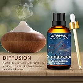 BURIBURI 100ML Sandalwood Essential Oil, 100% Pure Undiluted Aromatherapy Sandalwood Oil 3.38fl.oz for Soap, Candle Making, Massage, Diffuser, Humidifier