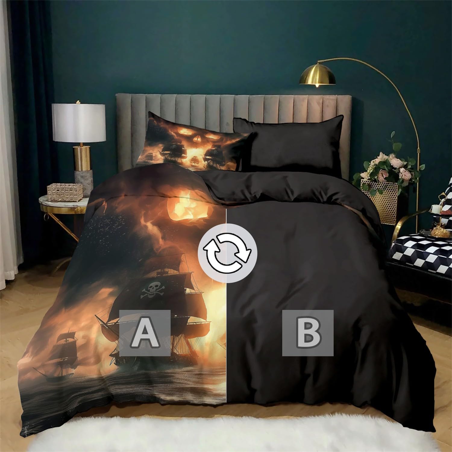 Poszwa na kołdrę 230 cm x 220 cm Fantasy Czaszka Łodzi Ciemnobrązowa, Przytulna poszewka na kołdrę z nadrukiem z zamkiem błyskawicznym, 3-częściowy zestaw pościeli dla dzieci dorosłych