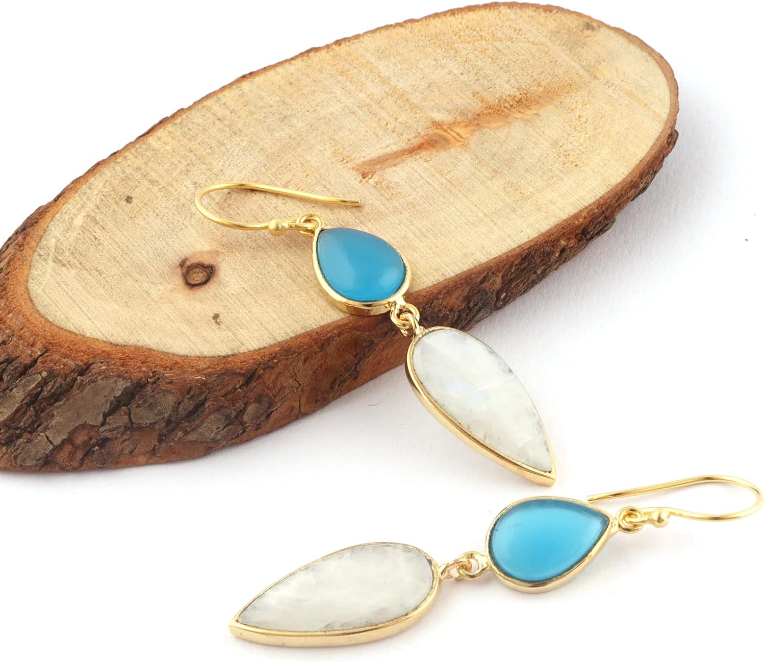 Guntaas Gems Moonstone & Sky Blue Chalcedony Hook Earring Pair Brass Gold Plated Drop & Dangle Earrings Gift For Her