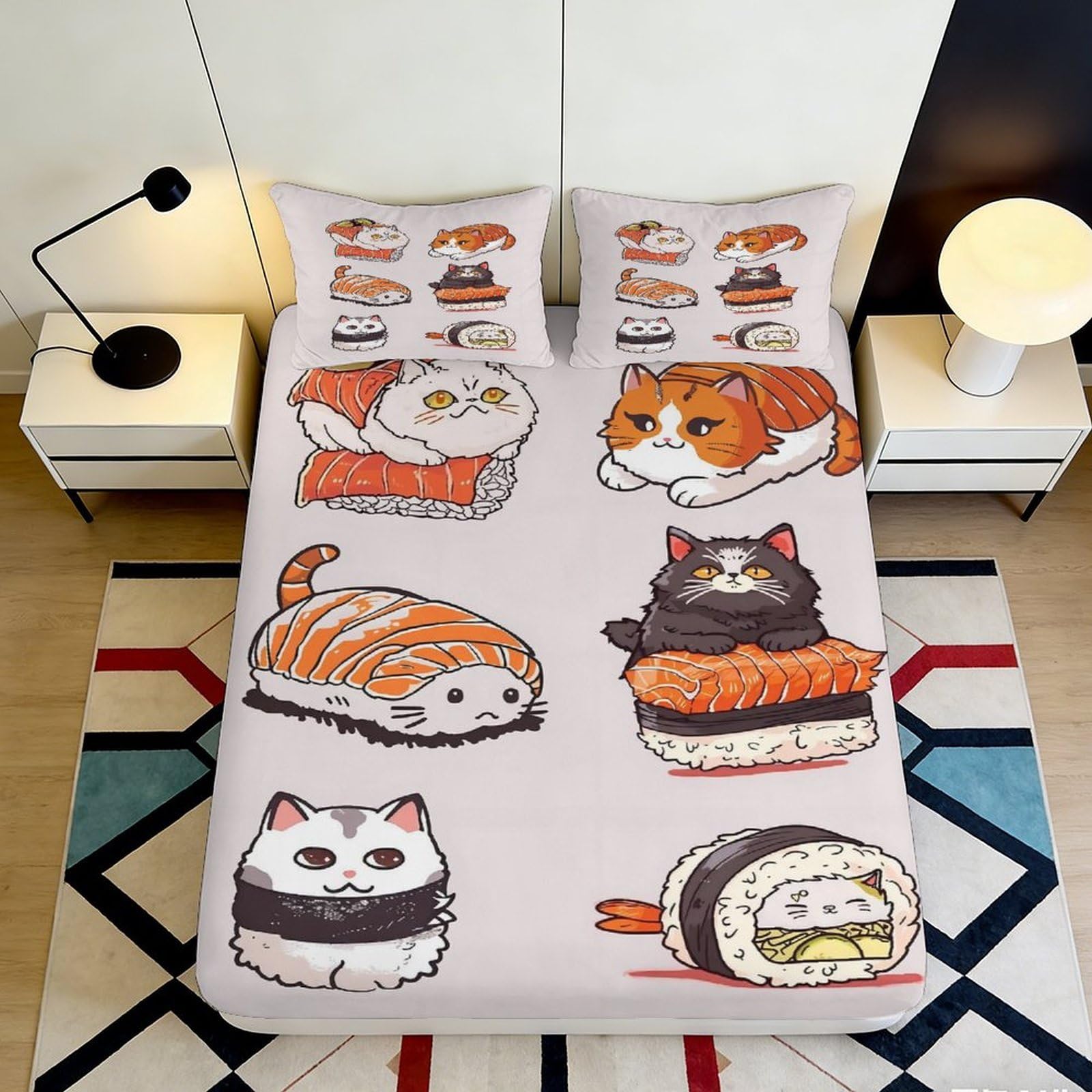 3D Printed Sushi Cat Fitted Sheet Microfiber Soft Breathable Kawaii Cartoon Bed Cover for Bedroom Dorm Decor 90x200x25cm