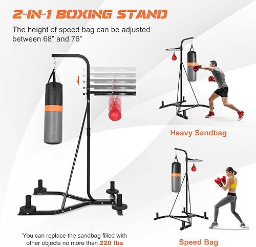 Miniatura 2 de GYMAX Saco de boxeo con soporte para adultos, máquina de boxeo independiente con altura ajustable de velocidad y bolsa de arena, saco de boxeo