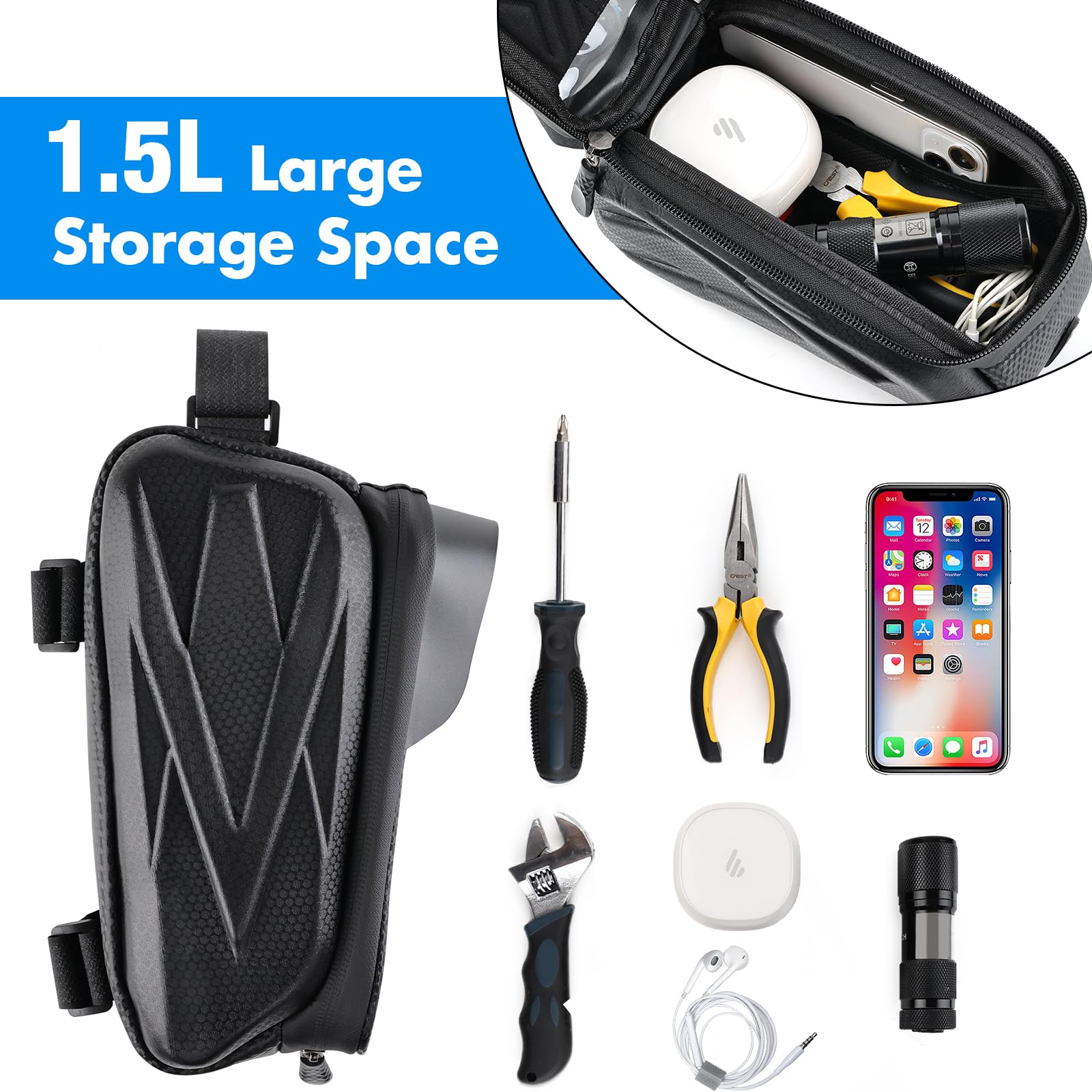 MUEUSS Bike Bag Phone Mount Bag,Top Tube Front Frame Bag,Bicycle Accessories Pouch,EVA Waterproof TPU Touch-Screen for Mountain Road Bike, MTB, E-bikes, Compatible with Phone Under 7 Inches