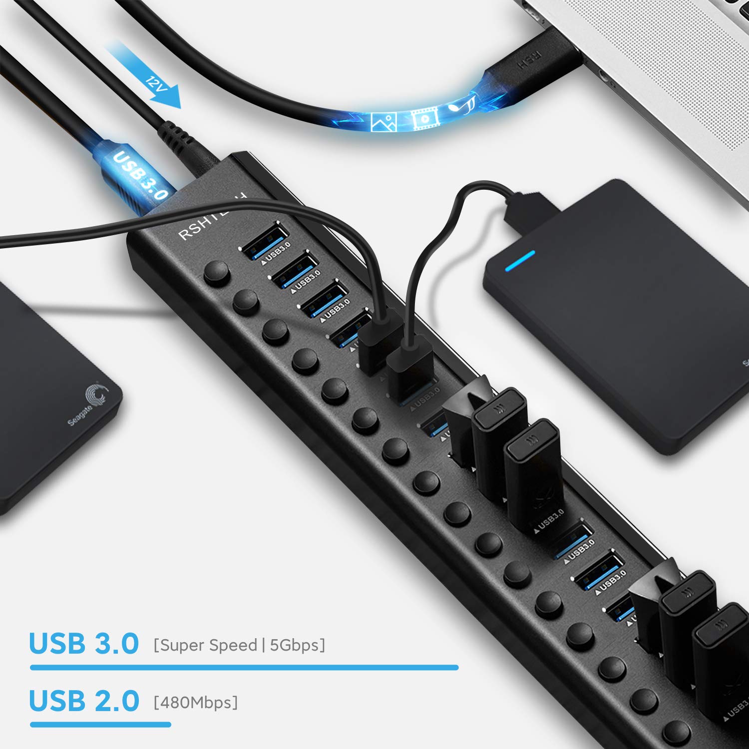 RSHTECH Aluminium16 Port USB Hub Aktiv 3.0 mit 100W Netzteil, RSH-A16 | USB 3.0 Hub mit Schalter - für PC, Mobile HDD, Flash-Laufwerk, Professionelle Business Grade - Stabile Datenübertragung