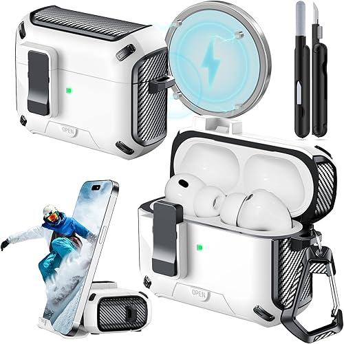 Funda para AirPods Pro 3 (2025) con soporte para teléfono, (con interruptor automático a presión), diseño de fibra de carbono, cubierta de