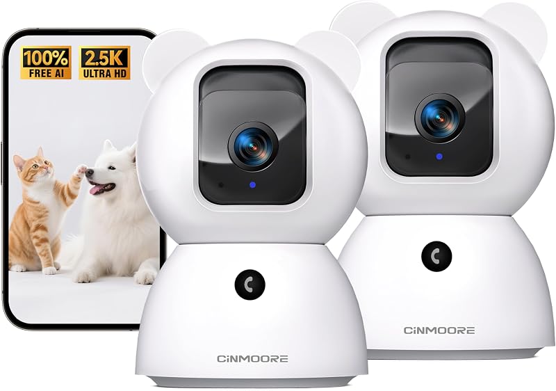 2.5K Indoor Camera 2pack, Free AI Person/Pet/Cry Detection, 4MP Pet/Dog/Cat/Baby Camera w/Phone App, Cameras for Home Security, Pan Tilt 2.4GHz WiFi, Night Vision, Full Duplex 2-Way Audio