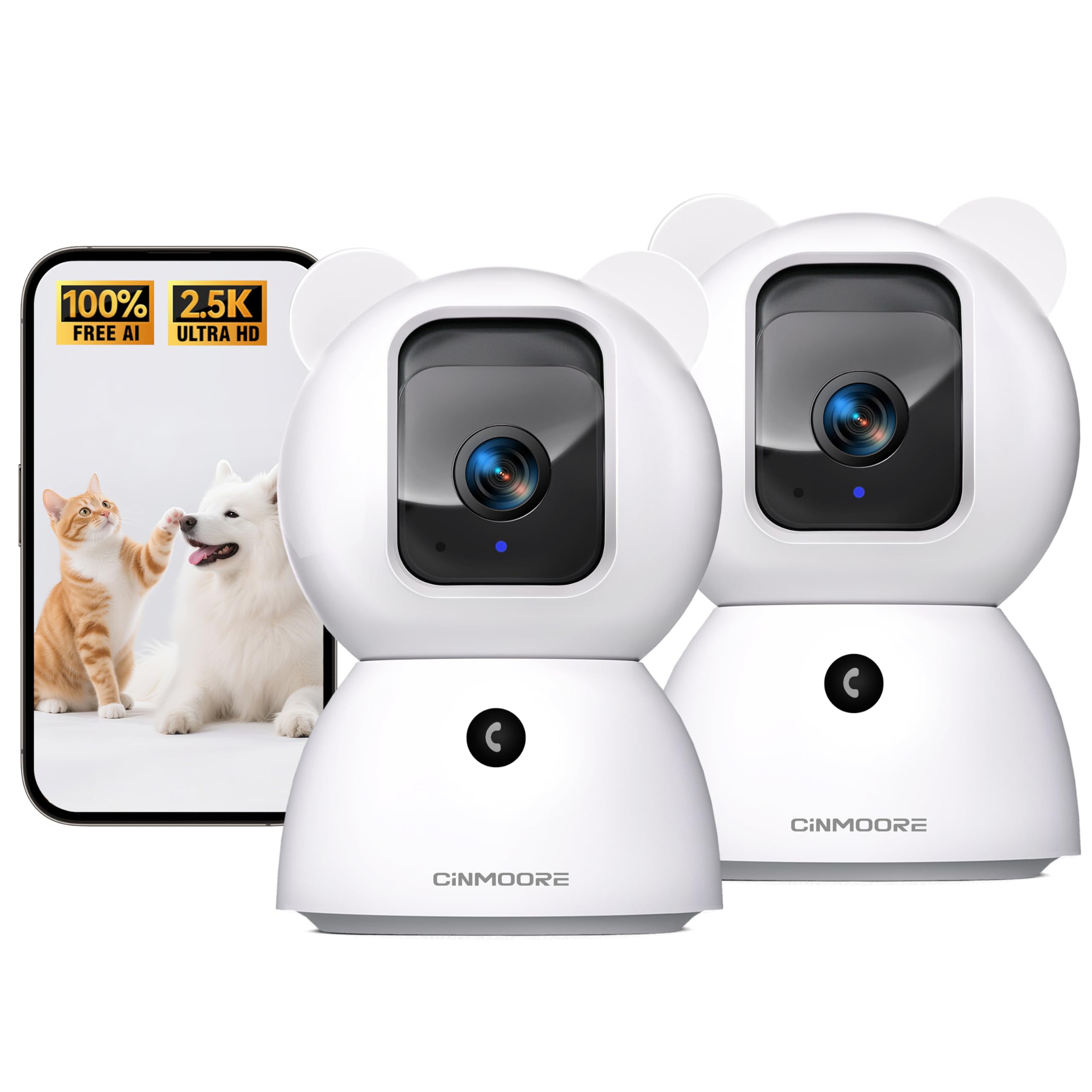 2.5K Indoor Camera 2pack, Non-Subscription AI Person/Pet/Cry Detection, 4MP Pet/Dog/Cat/Baby Camera w/Phone App, Pan Tilt 2.4GHz WiFi Cameras for Home Security, Night Vision, Full Duplex 2-W