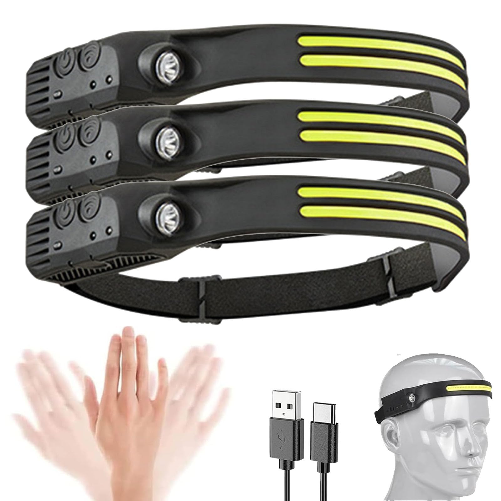Head Torch, Luxelight LED Headtorch Rechargeable, Lumilight Head Torch 230° Wide Beam Headtorch, Rechargeable Waterproof Lightweight Headlamp for Running, Camping, Hunting (3, 2 Front Led Lichtleiste)
