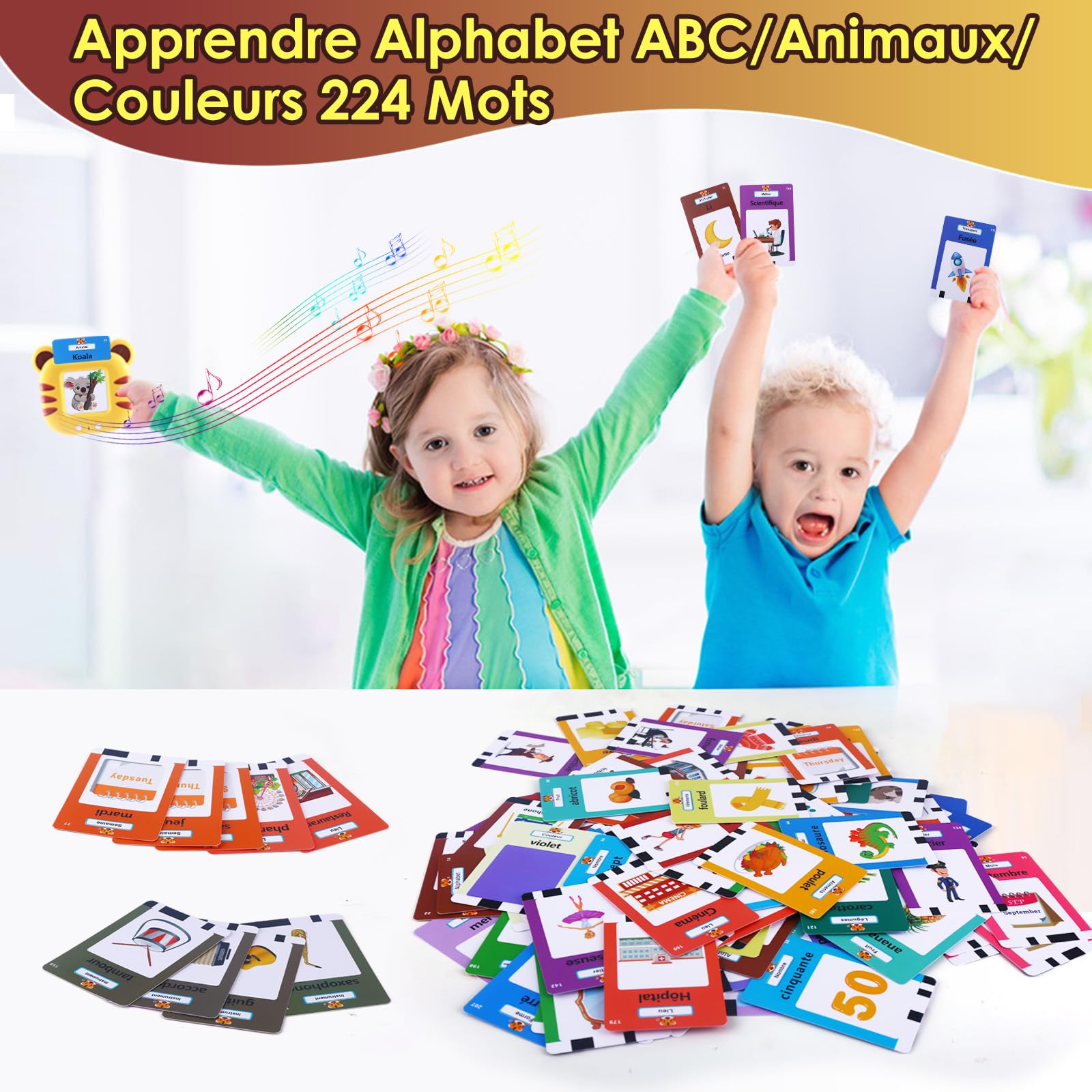 Carte educative, Carte Flash Parlanti in Francese per Bambini, Giocattoli Educativi Sensoriali Interattivi Prescolari per Bimbi Piccoli, Imparare l'Alfabeto ABC/Animali/Colori 224 Parole