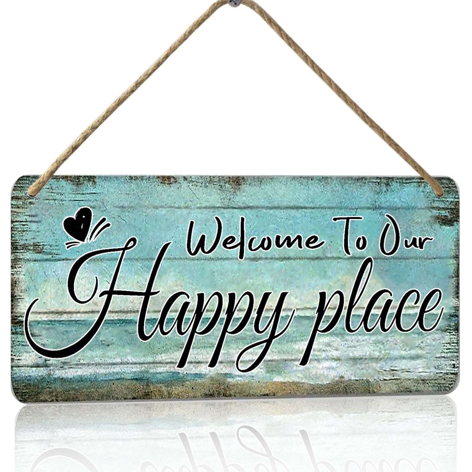 Welcome To Our Happy Place Sign Personalized Front Door Signs For Home Decor Wooden Hanging Sign Beach Signs Patio Wall Decor Summer Wood Porch Sign