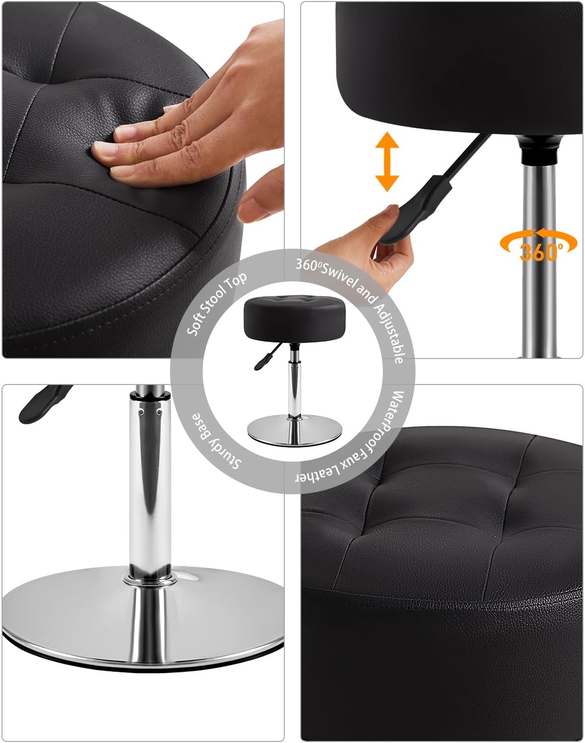 IBUYKE Height Adjustable 360°Swivel Vanity Stool, Tufted Round Vanity Chair for Makeup Room, Faux Leather Vanity Stool for Bathroom, Living Room, Modern Ottoman, Black WBD025B