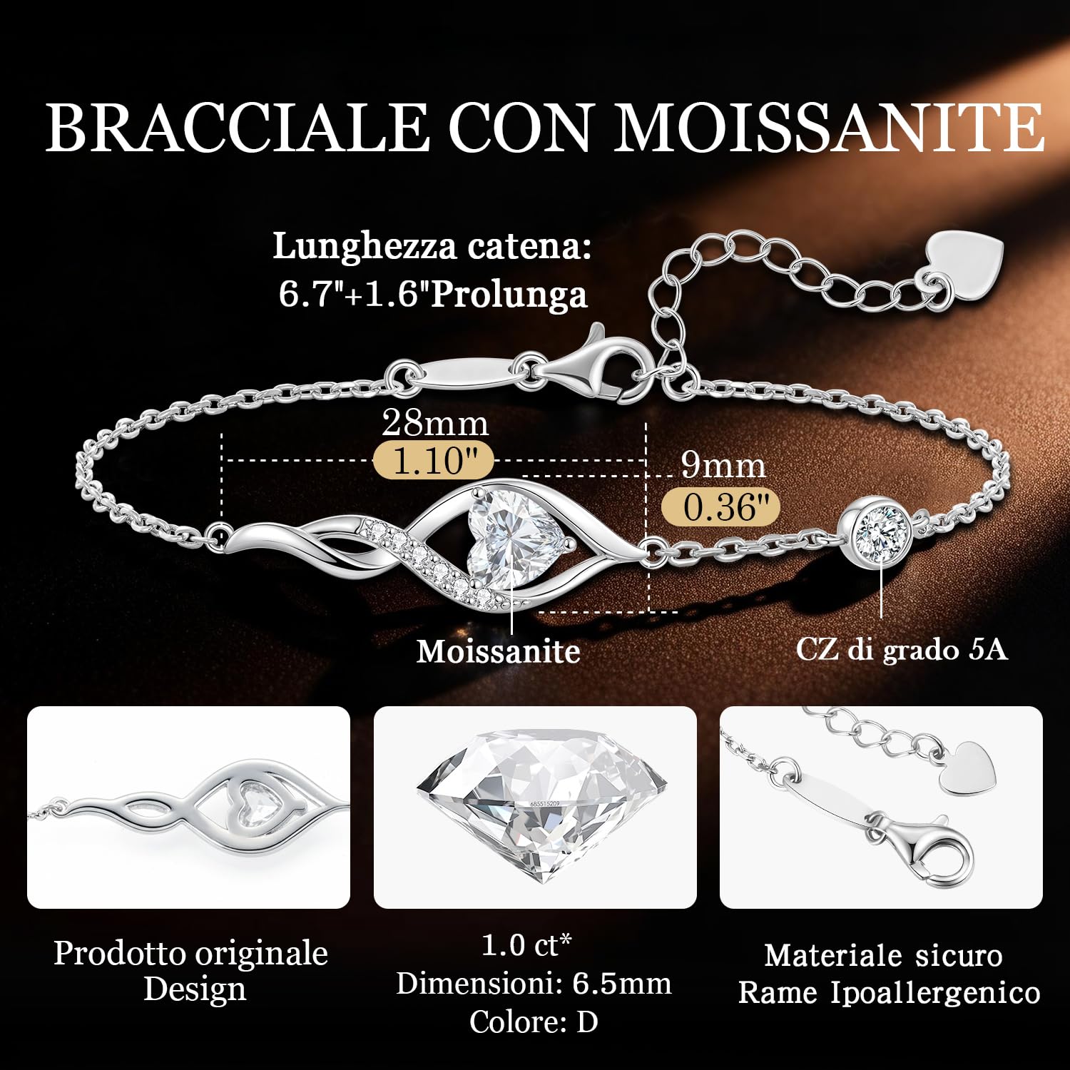 LOUISA SECRET Infinity Moissanite Bracciali Donna Placato rodio e oro 18K | Simbolo Cuore Infinito con Brillantini,Gioielli da Lei,Regalo per Natale,San Valentino,Compleanno,Ricorrenze