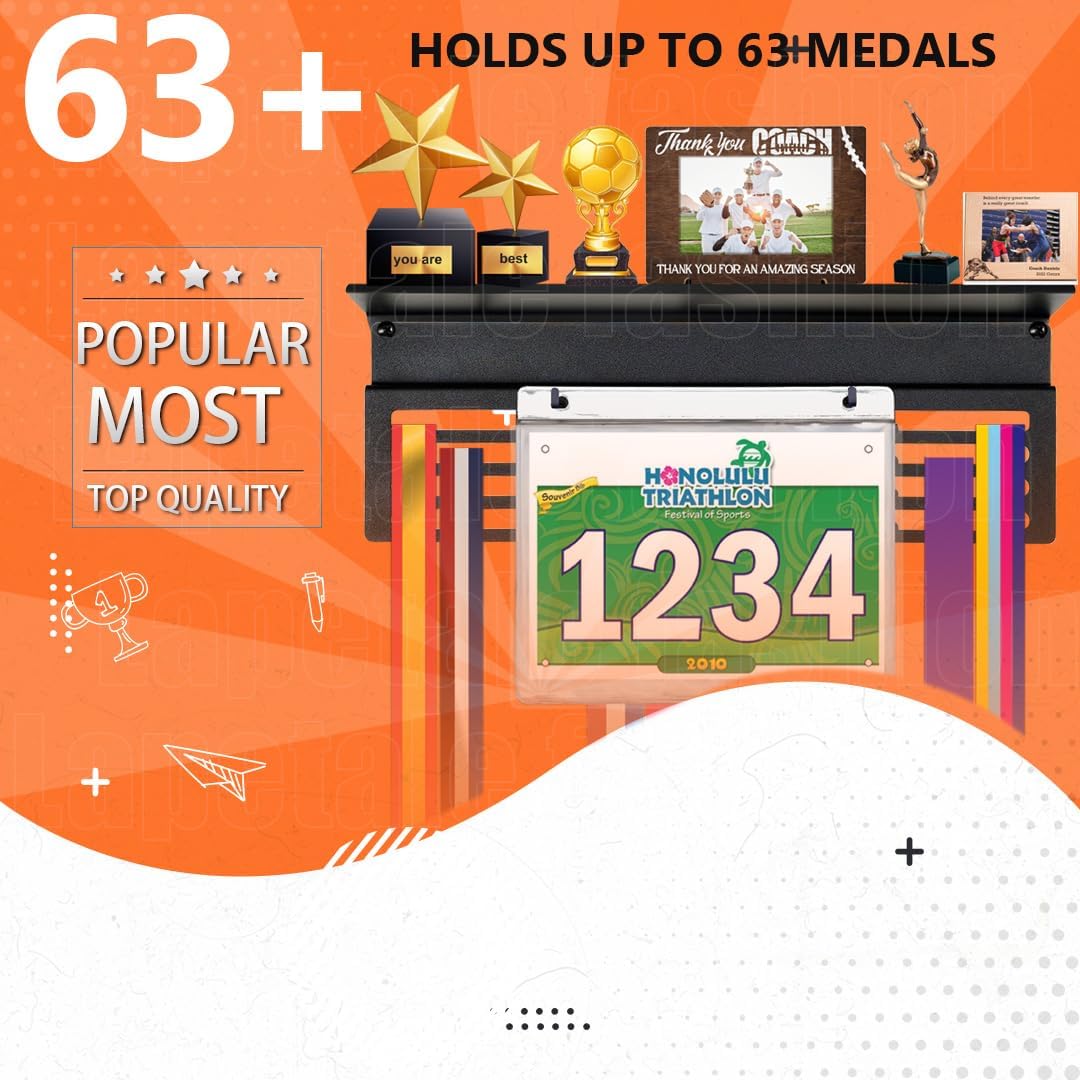 Non-Slip Medal Hanger Display with Shelf - 16" Length with 5" Width,Shelf Board 4" Width, Trophy Shelf for Wall,Gymnasty,Soccer, Swim,Marathon...