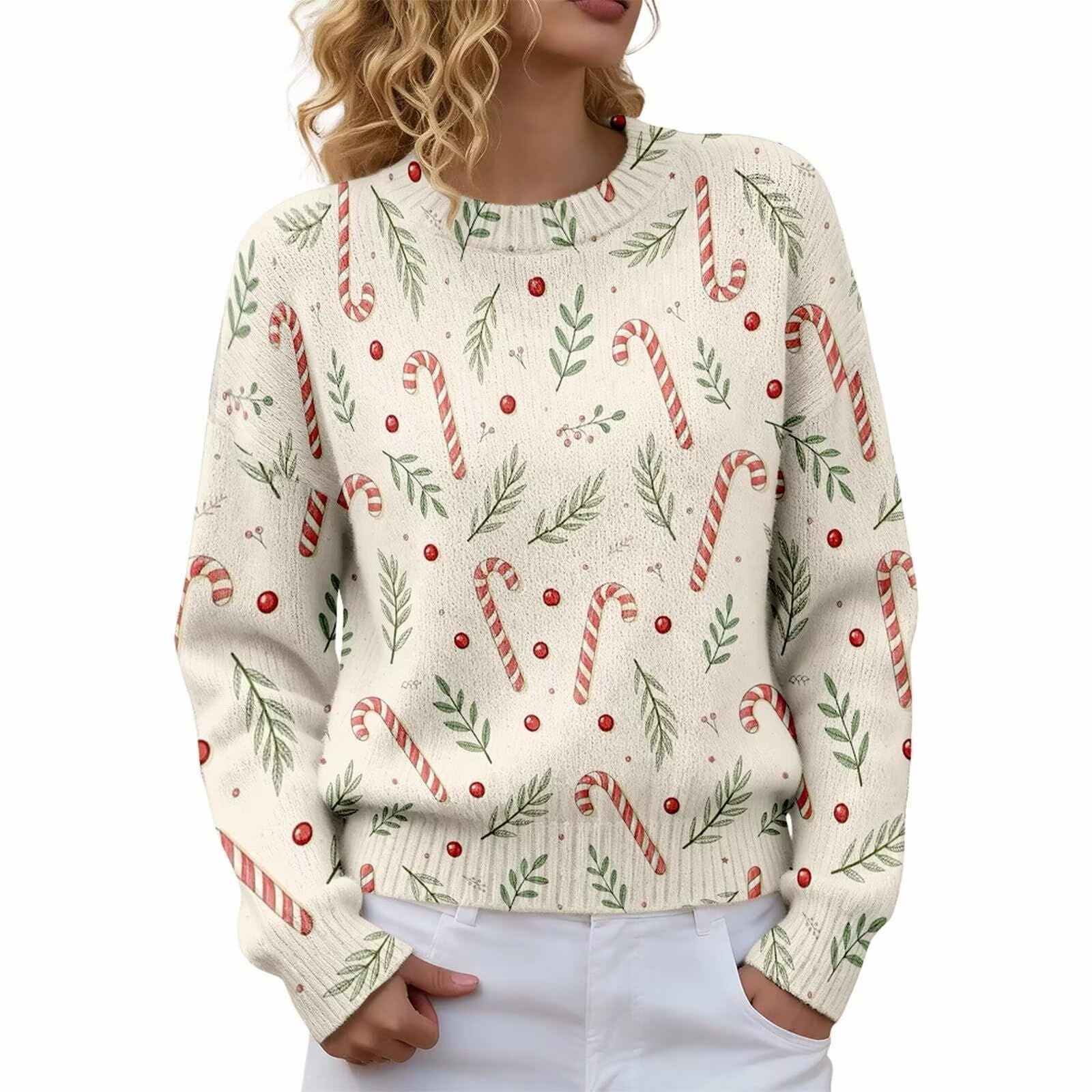 Christmas Sweaters for Women Tree Print Crew Neck Holiday Long Sleeve 2025 Pullover Tops Cute Funny Clothes