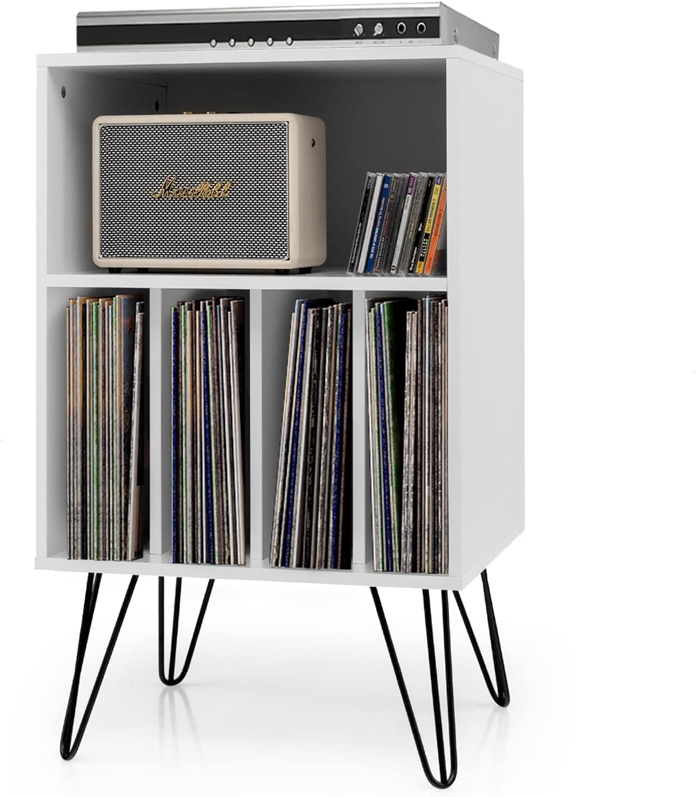 Tangkula Record Player Stand, Turntable Stand with Metal Legs, Vinyl Record Storage Cabinet w/ 5 Open Shelves Holds up to 150 Albums for Living Room Bedroom, Vintage End Table, 21 x 18 x34 In (White)