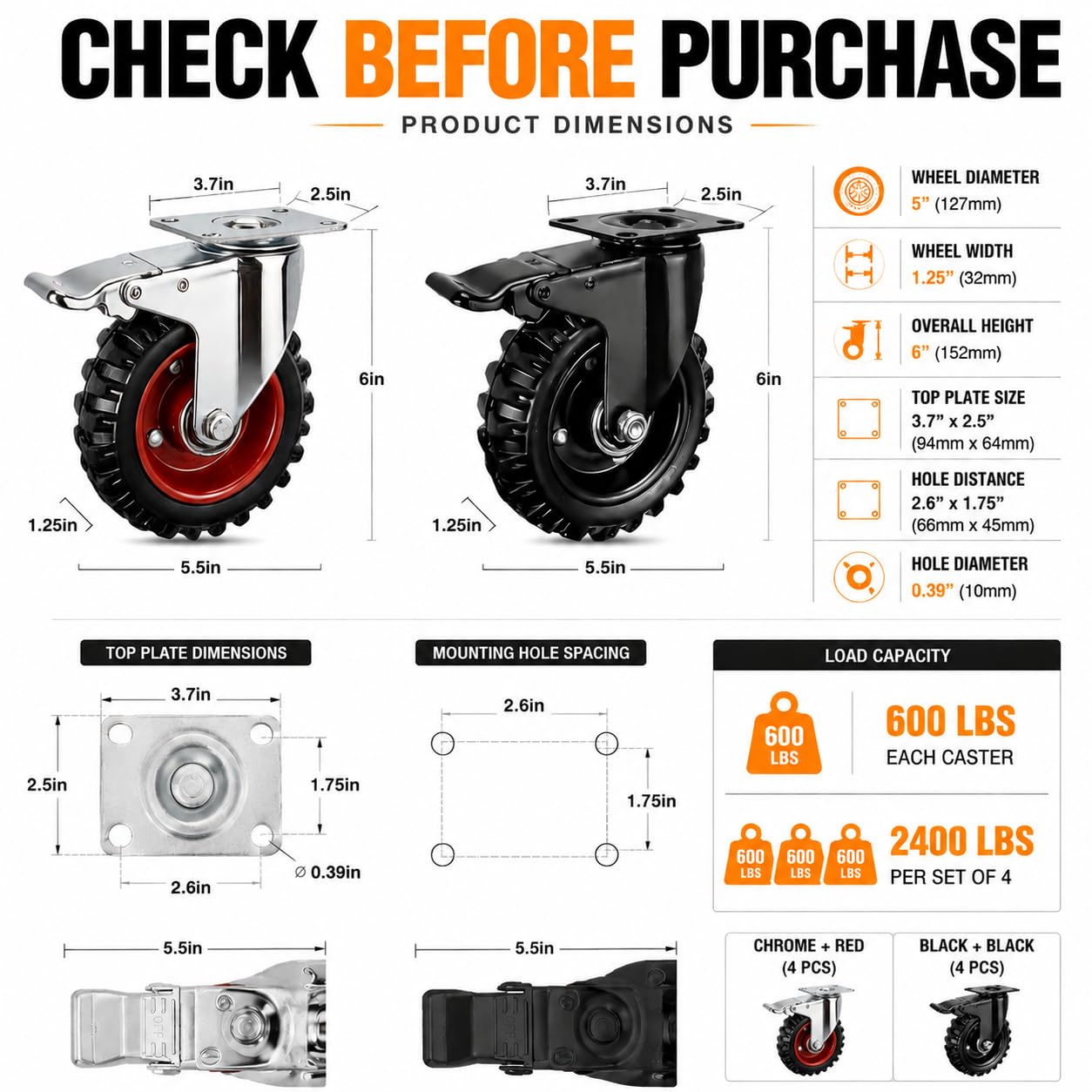 Heavy Duty Caster Wheels with Brakes - 2400LBS Capacity -5 Heavy Duty Caster Wheels with Brakes - 2400LBS Capacity -5