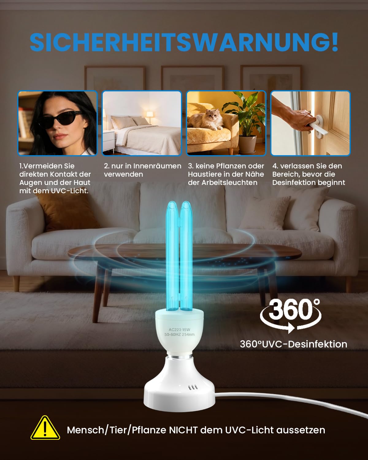 15W Lampe Desinfektion Ozon Licht mit Fernbedienung Timer Keimtötende Lampe Duale Sterilisation und Desinfektion AC220-240V Perfekt für Küche, Schlafzimmer, Wohnzimmer, Beseitigt Keime