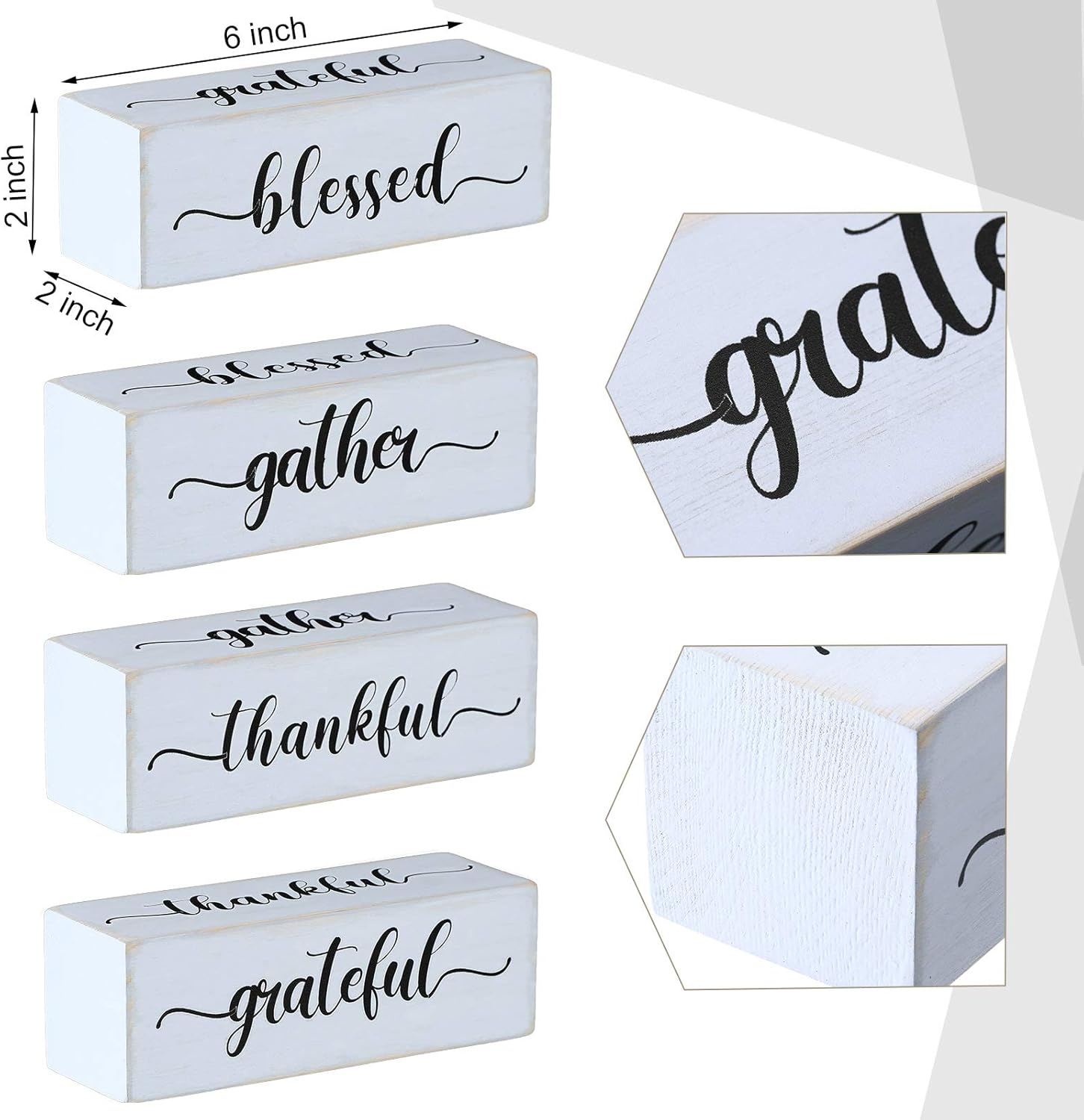 Jetec Four Sided Inspirational Block Sign Rustic Wooden Blessed Gather Thankful Grateful Signs Tabletop Block Decor for Office Home Farmhouse Tabletop, Bookshelf, Tiered Tray Decor(White) - Image 2