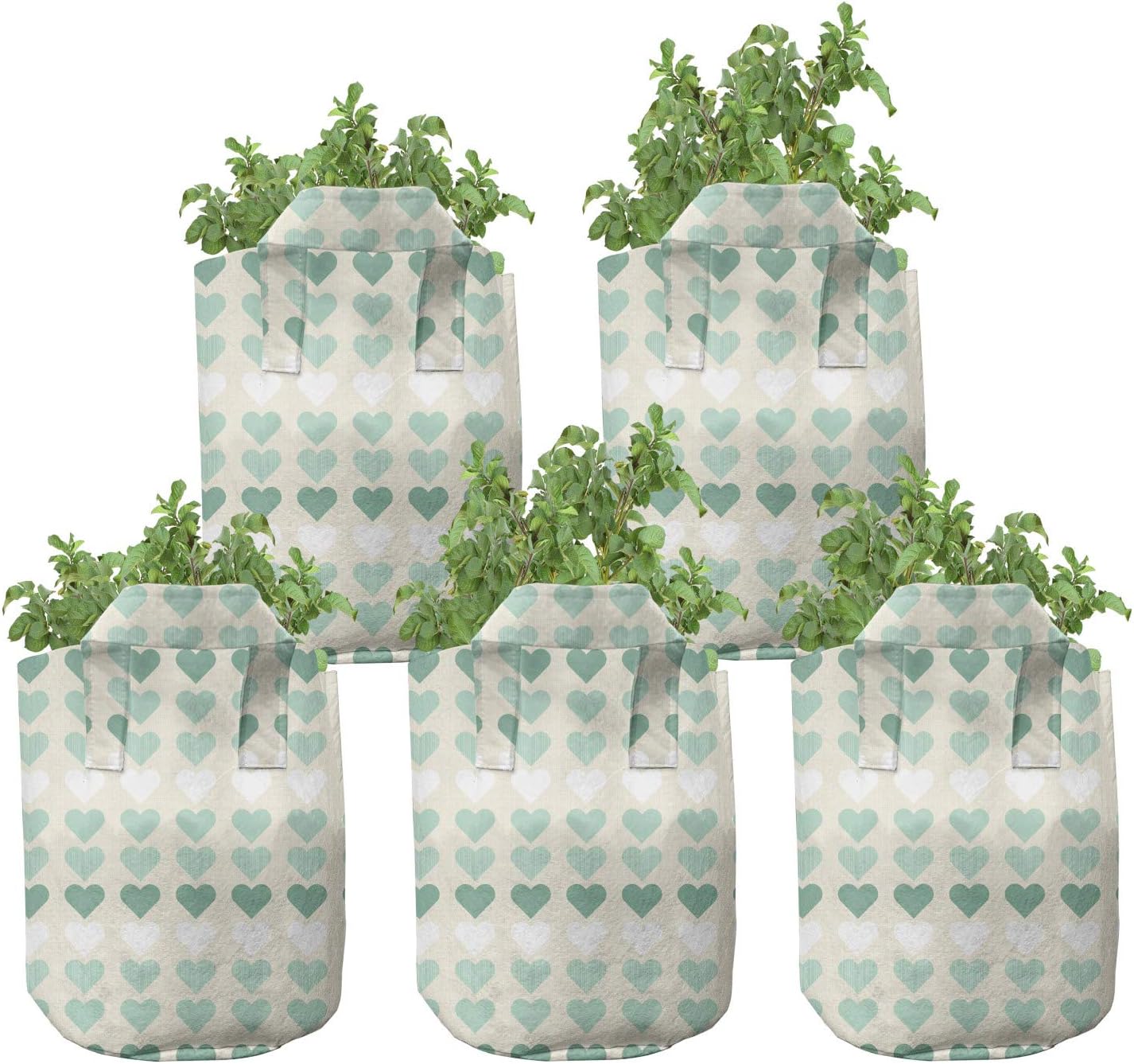 Lunarable Aquamarine Grow Bags 5-Pack, Heart Shapes in Row, Heavyduty Fabric Pots with Handles for Plants, 7 Gallon, Champagne Laurel Green