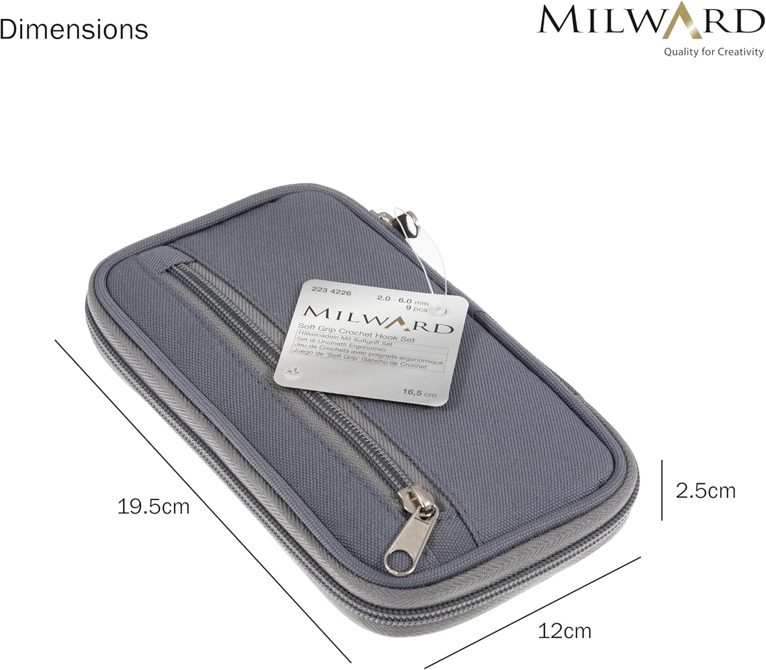 Milward Crochet Hook Set - Soft Grip Colour Coded Handles 2,2.5,3,3.5,4,4.5,5,5.5 and 6mm, 100% Cotton Hard Zippered Case, Grey