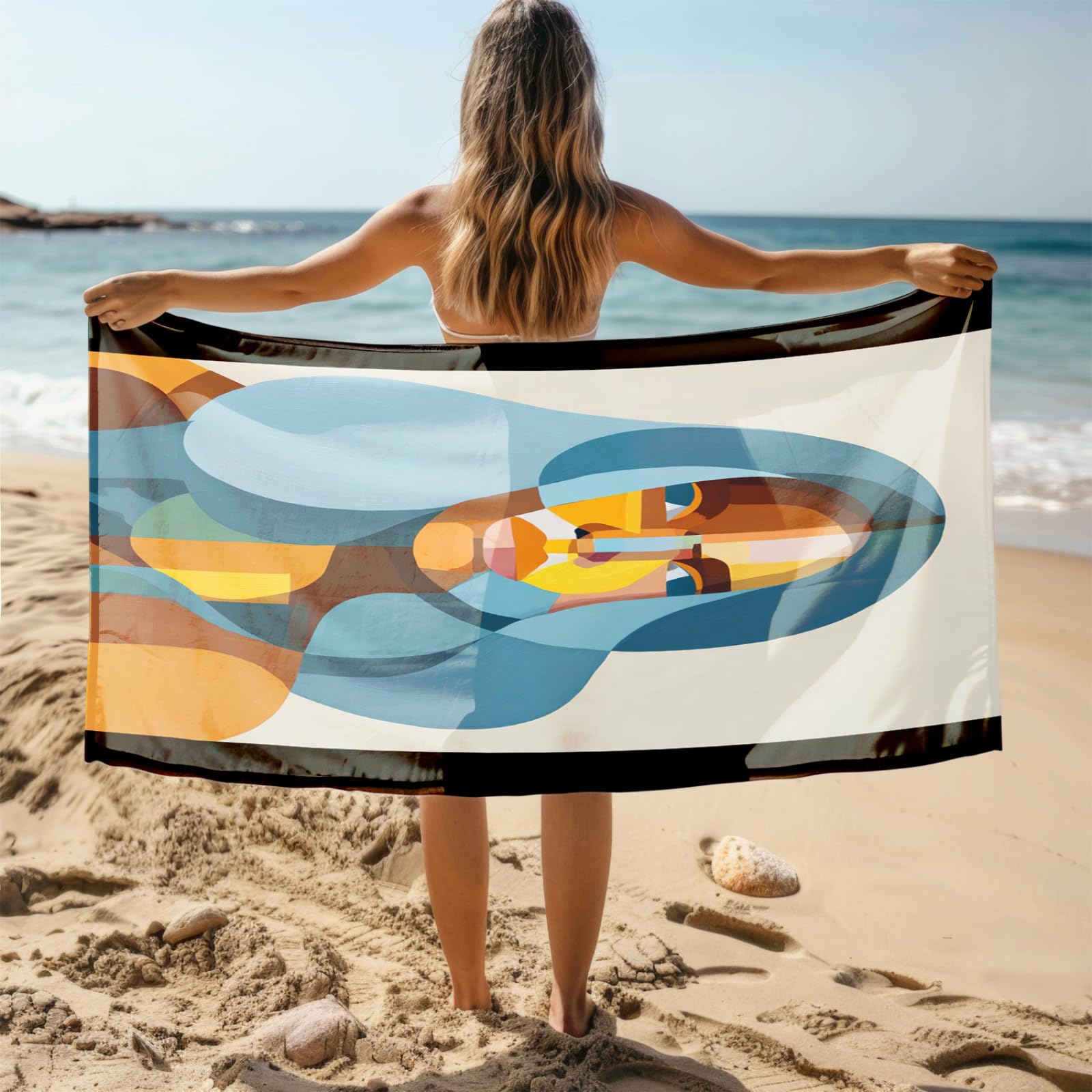 Telo Mare Microfibra 210x230 Arte Geometrica Giallo Blu Telo Spiaggia Grande Antisabbia,XXL Asciugamano Mare, Asciugatura Rapida, Stuoia Spiaggia Leggero E Portatile