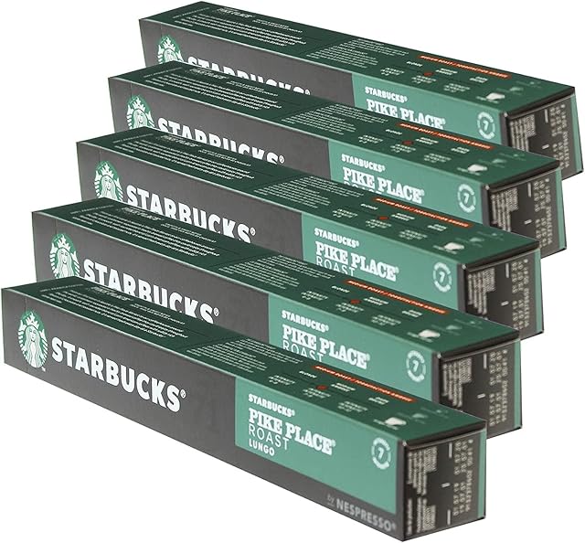 Starbucks Kawa Pike Place Roast, 5-częściowy zestaw, Lungo, Medium Roast, kawa R, kompatybilna z Nespresso, kapsułki z kawą, 50 kapsułek