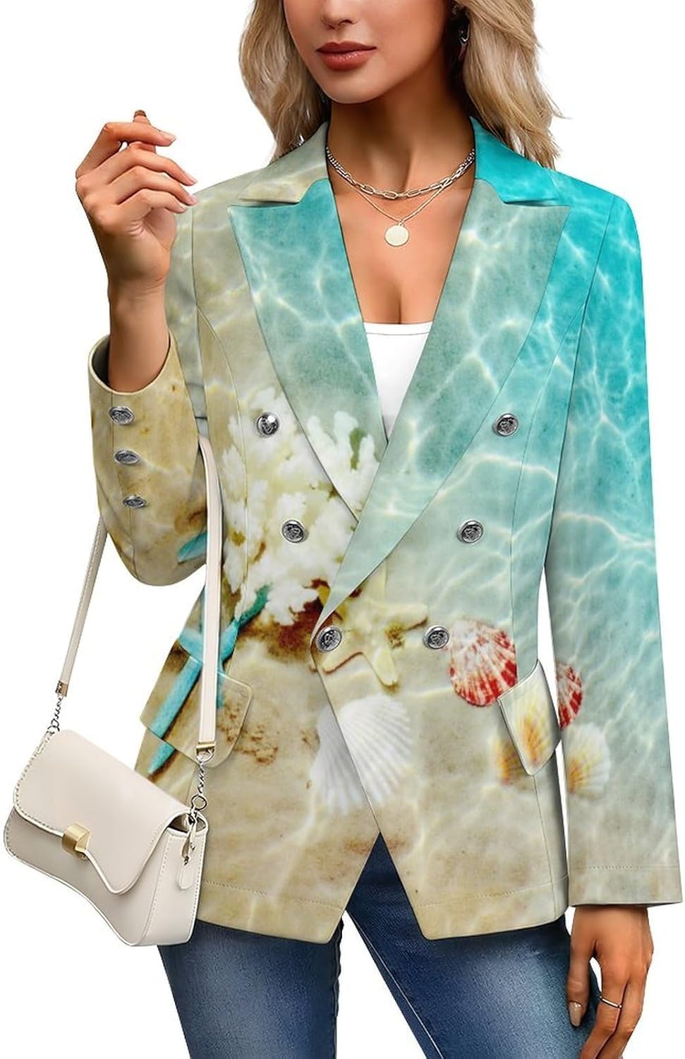 Starfish Coral and Seashell on Beach Women's Casual Blazers Suit Jacket Fashion Business Coat