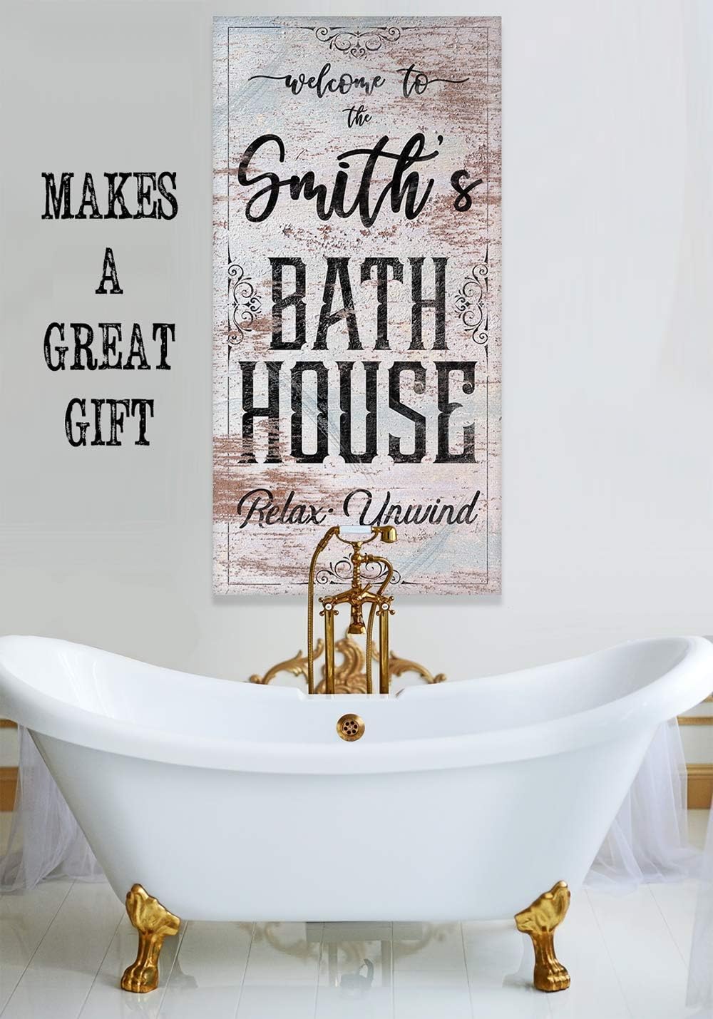 Personalized Bath House Print - Classic Farmhouse Bathroom Wall Decor, Customized Print with Family Name, Great Housewarming Gift, Rustic Metal Sign Style Stretched Vertical Canvas Print 12x24