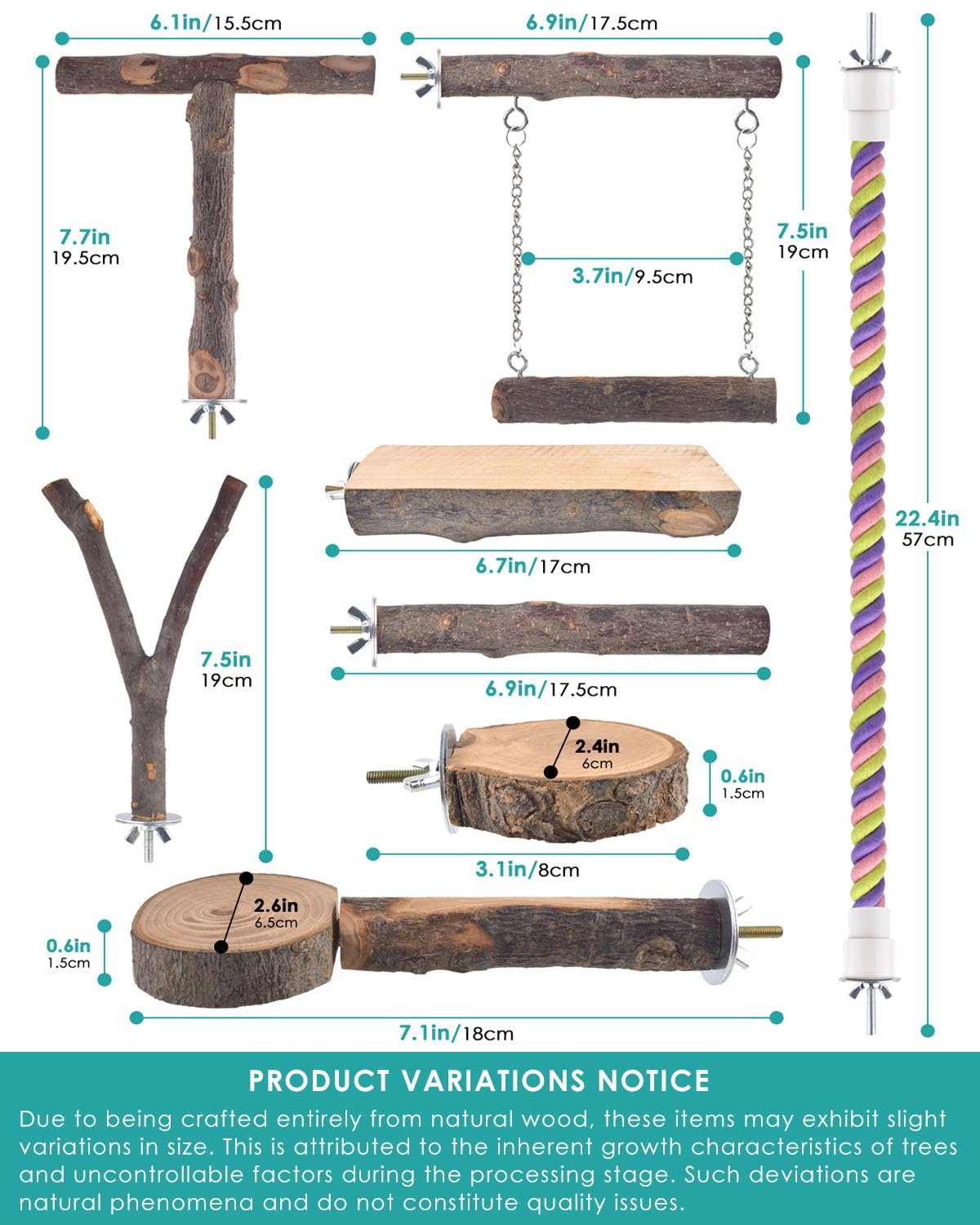 DBNESS Bird Perches, 8pcs Natural Wood Parrot Perch Stand Chewing Toys Cage Accessories Hanging Multi-Branch Perch Platform Swing Toy Rope Perches for Small and Medium Parakeet, Conures, Budgies - image 3
