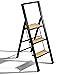 Step Ladder 3 Step Folding, Decorative - Beautiful Bamboo & Black Aluminum, Lightweight, Ultra Slim Profile, Anti Slip Steps, Sturdy-Portable for Home, Office, Kitchen, Photography Use,by SORFEY