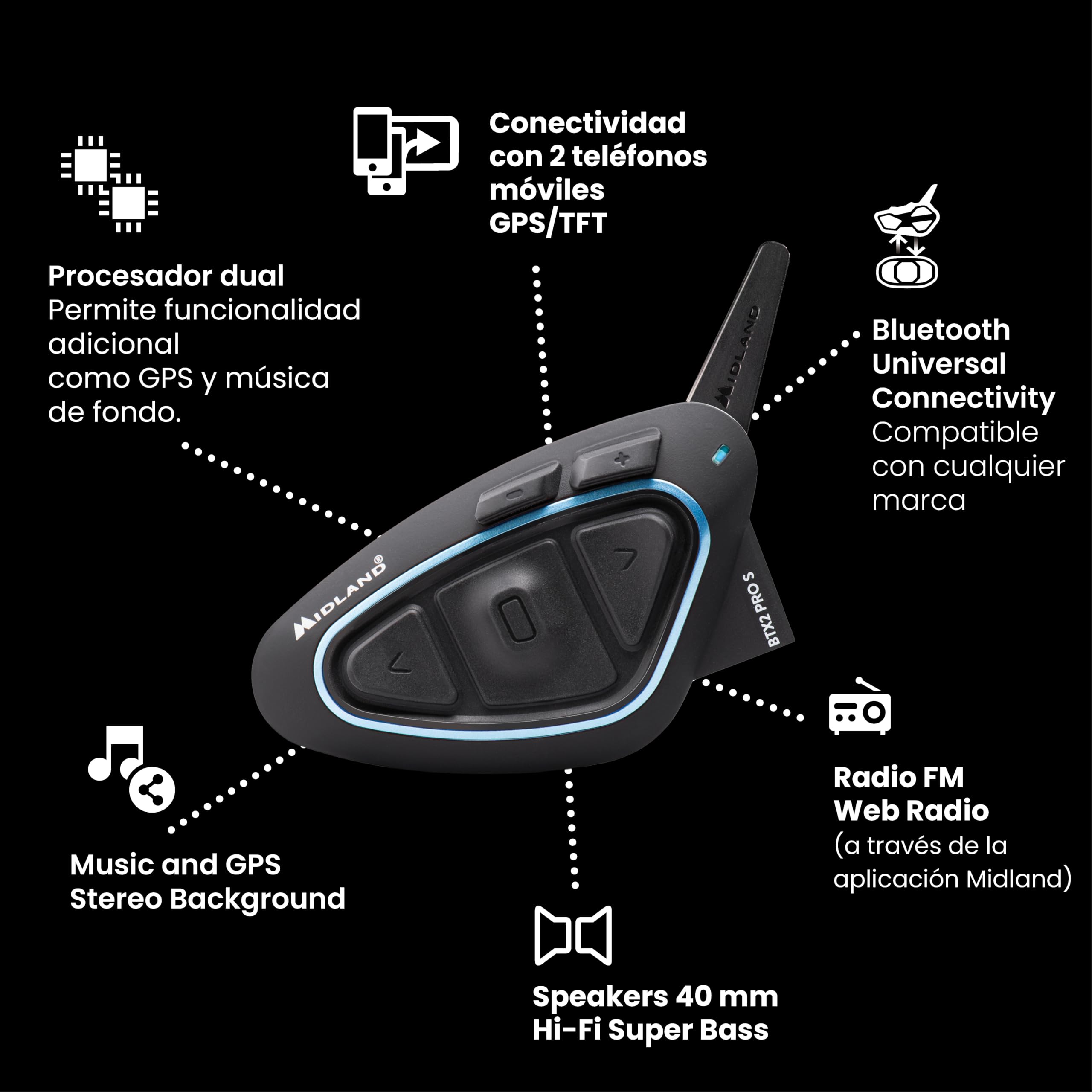 Midland BTX2 Pro S LR Single Intercomunicador Bluetooth para Moto | IPX6 Waterproof, Supresión de Ruido, Hasta 8 Personas, Batería 23h, Alcance 1.6Km