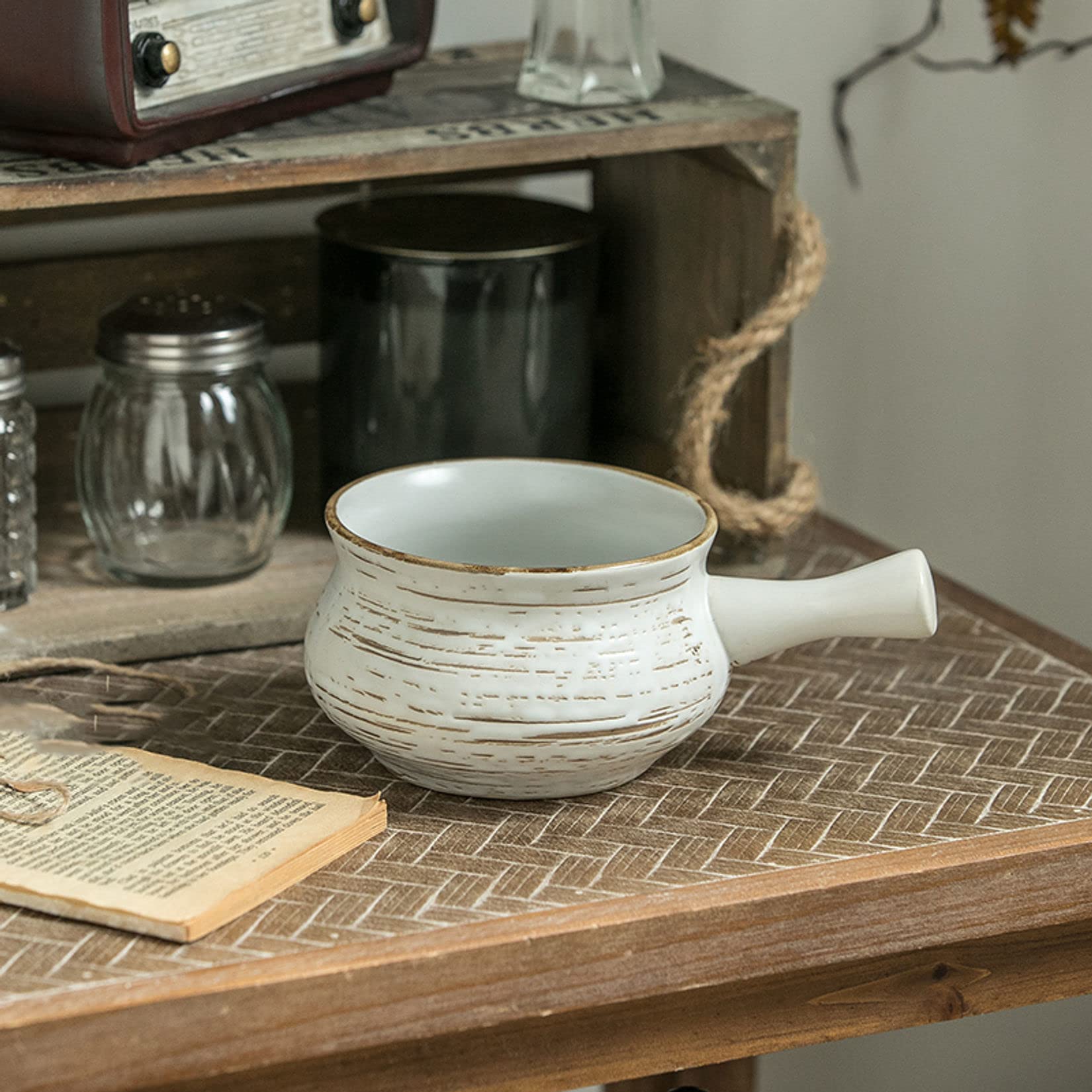 Tazón de sopa, tazón de arroz, Taza de porcelana for sopa de cebolla con asa, cuencos anchos de cerámica for sopa, taza grande de desayuno de cereales y avena for dormitorio, oficina, hogar, blanco-B