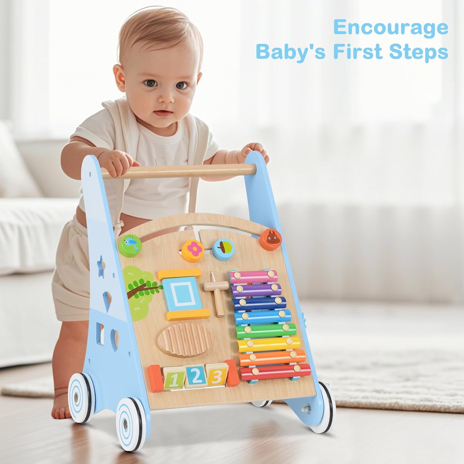 INFANS Wooden Baby Walker, Montessori Walker with Multiple Activity Toys, Storage, Push Walker Toys for Infant Learning to Walk, Sit to Stand Walker for Boys Girls