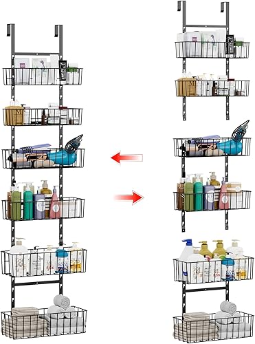 Miniatura 9 de Organizador de baño para colocar sobre la puerta, cestas de metal ajustables de 6 niveles, organizador de baño para colgar sobre la puerta con marco
