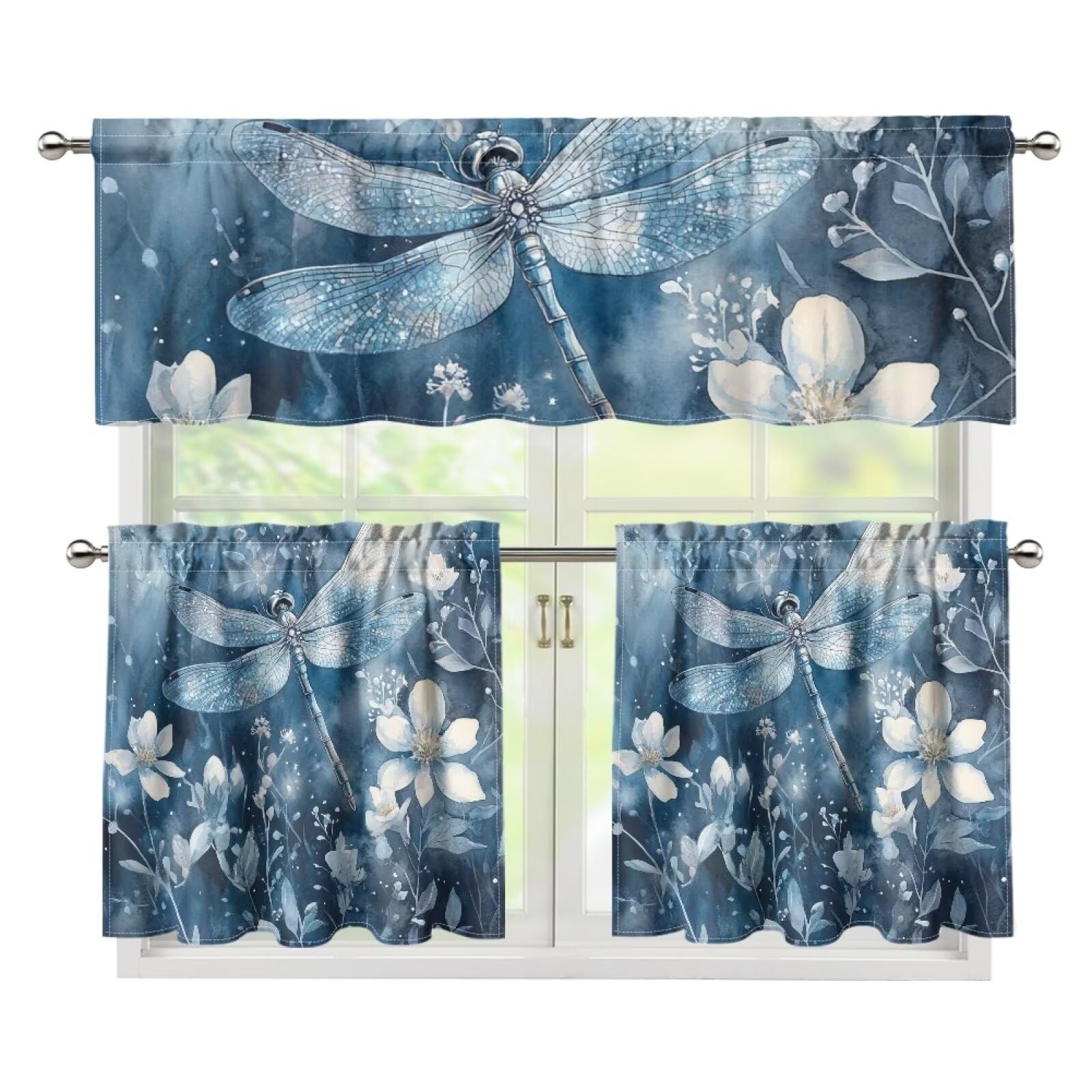 Vanideaoty Dragonfly Kitchen Curtains and Valances Set with Grommets Tiers 27.5