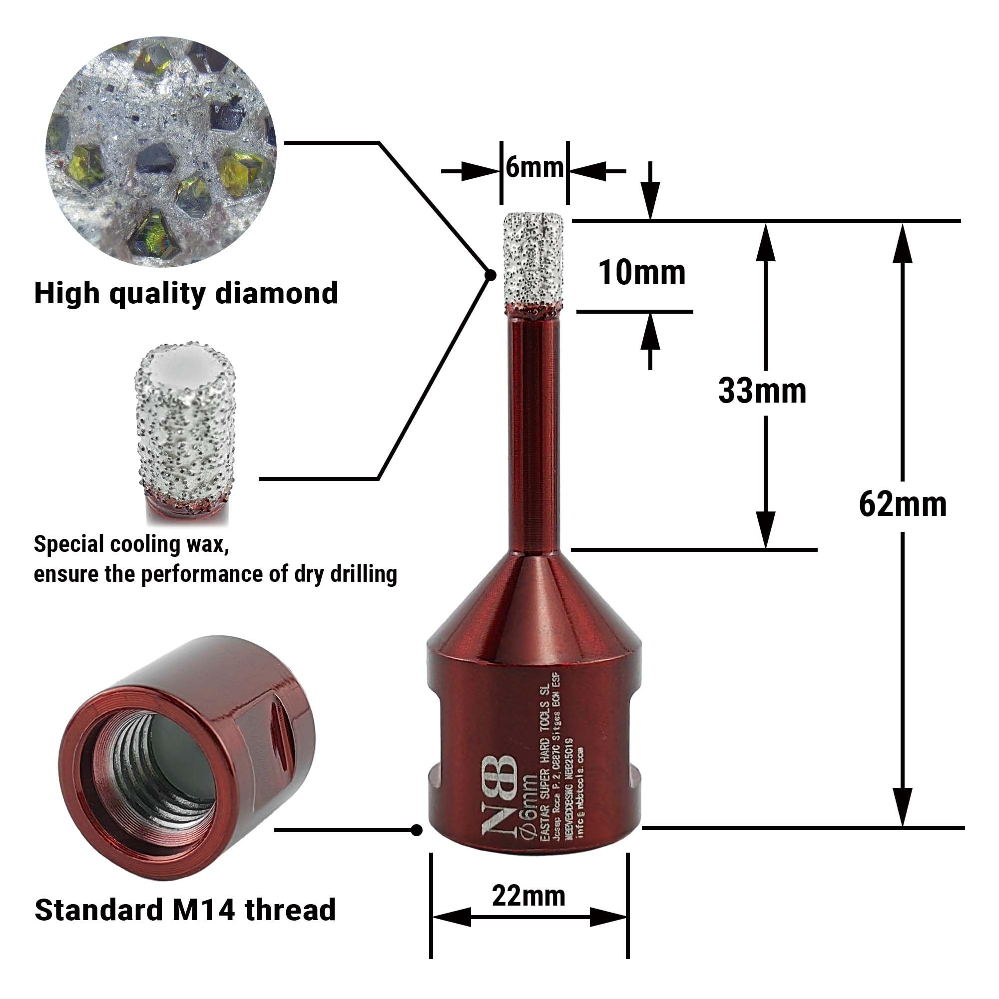 NBB Diamentowe wiertło diamentowe z M14, diamentowa korona do wiercenia na sucho i na mokro w twardej porcelany ceramicznej płytki granitowe marmurowe płytki do szlifierki kątowej (5 szt., 6 mm)